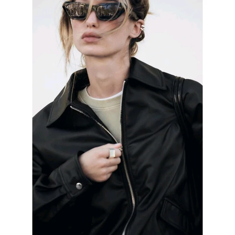 جاكيت نسائي جديد للربيع من الجلد الصناعي الفضفاض بأكمام طويلة وإغلاق بسحاب بأسلوب عملي ومقاس منتظم