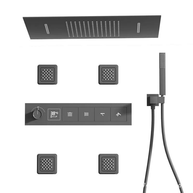 

Bathroom black brass thermostatic shower set with LED digital display ceiling design,wall mounted with 4 functions Shower system