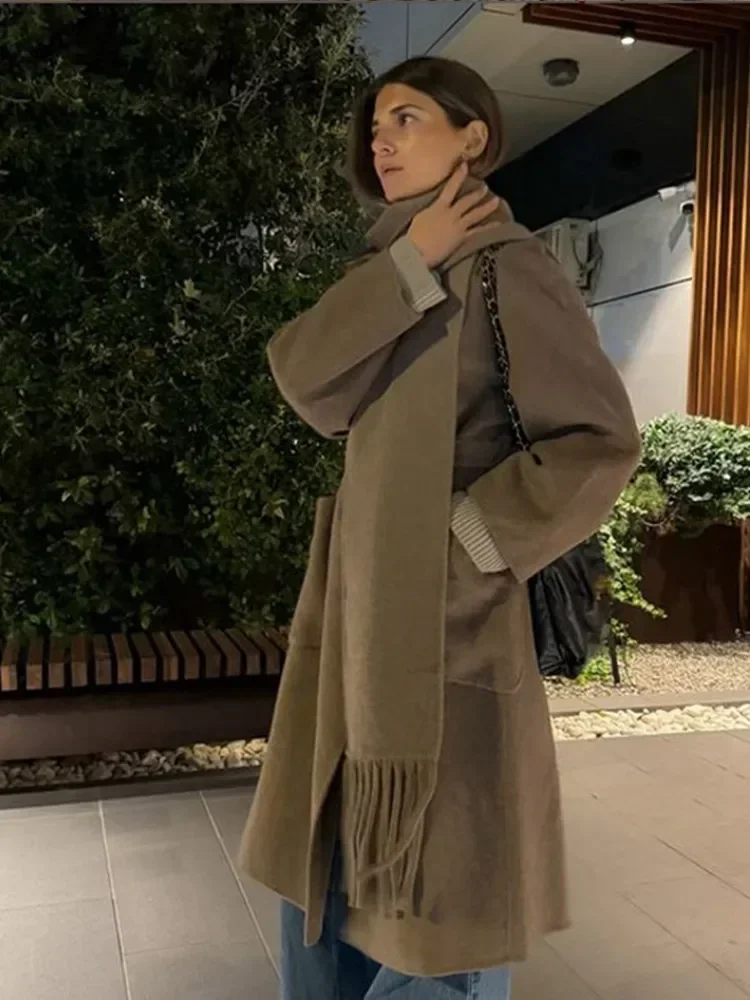 2024 moda solido colletto sciarpa cappotti di lana donna casual doppio petto manica lunga cappotto allentato caldo caldo signora streetwear