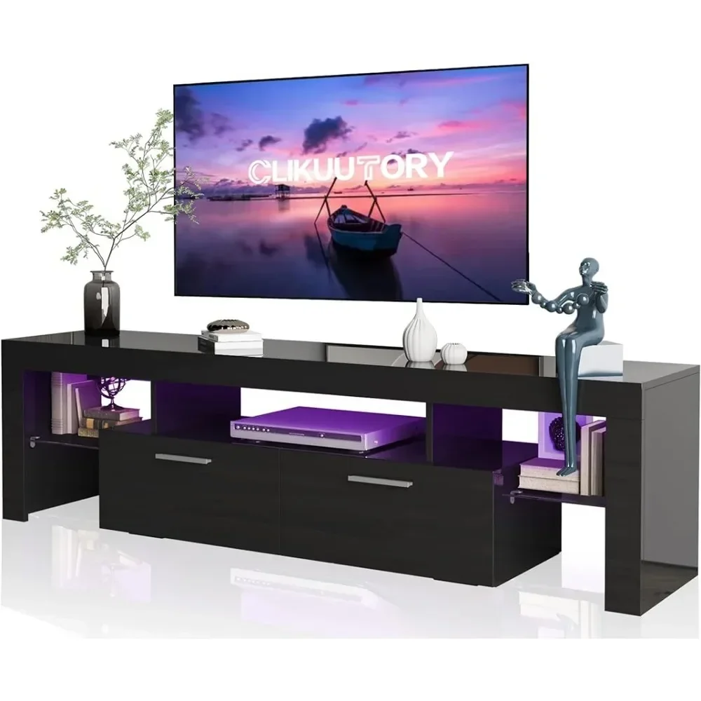 Led 63-Inch Tv-Standaard Met Grote Opberglade, Zwarte Houten Tv-Console Met Hoogglans Gaming-Entertainmentcentrum