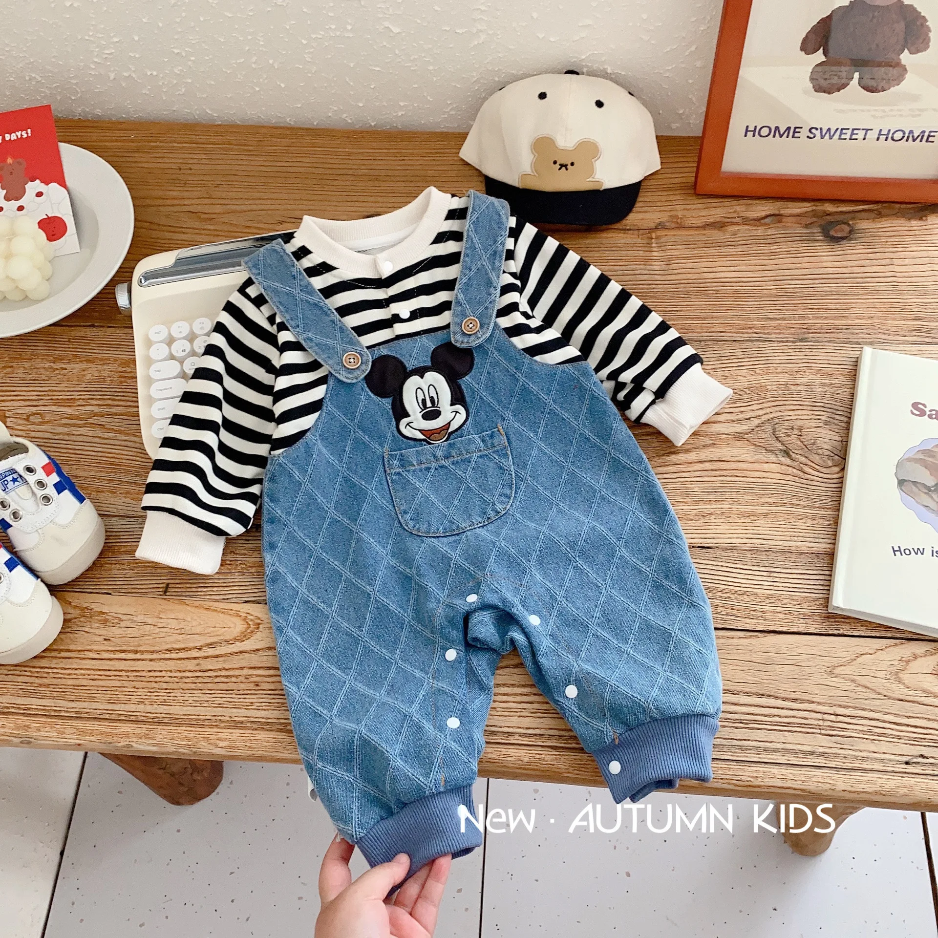 

Autumn Winter Fashion denim Toddler Baby Boys Girls Cartoon mickey stitching Romper Kids Playsuit Jumpsuit Clothes