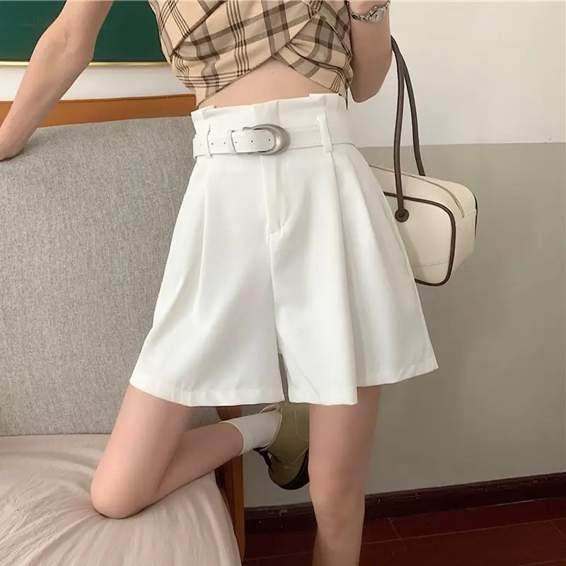 

Korean Version Shorts Women High Waisted Summer Fashion Simple Wide Legs Unique Belt Design Casual Office Lady Short C53