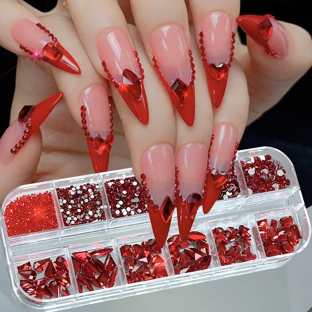 12Grids 3D Red Nail Art Rhinestones Mixed Heart Star Butterfly Round Diamond Nails Decoration Sparkling Gemstones Nails Supplies