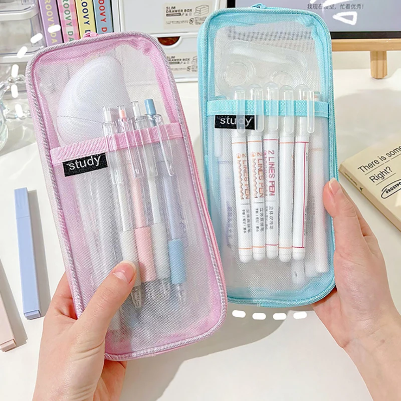 Simple Transparent Pencil Case Fashion Mesh Large Capacity Casual Zipper Pouch Pen Bag Stationery Storage Bag School Supplies