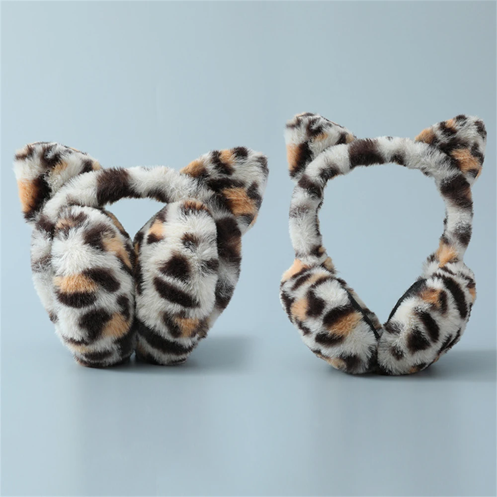 Leopard Foldable Leopard Print Earmuffs Winter Warm Thickened Ear Cover Women Windproof Frostproof Earlap Simple Plush Hairband
