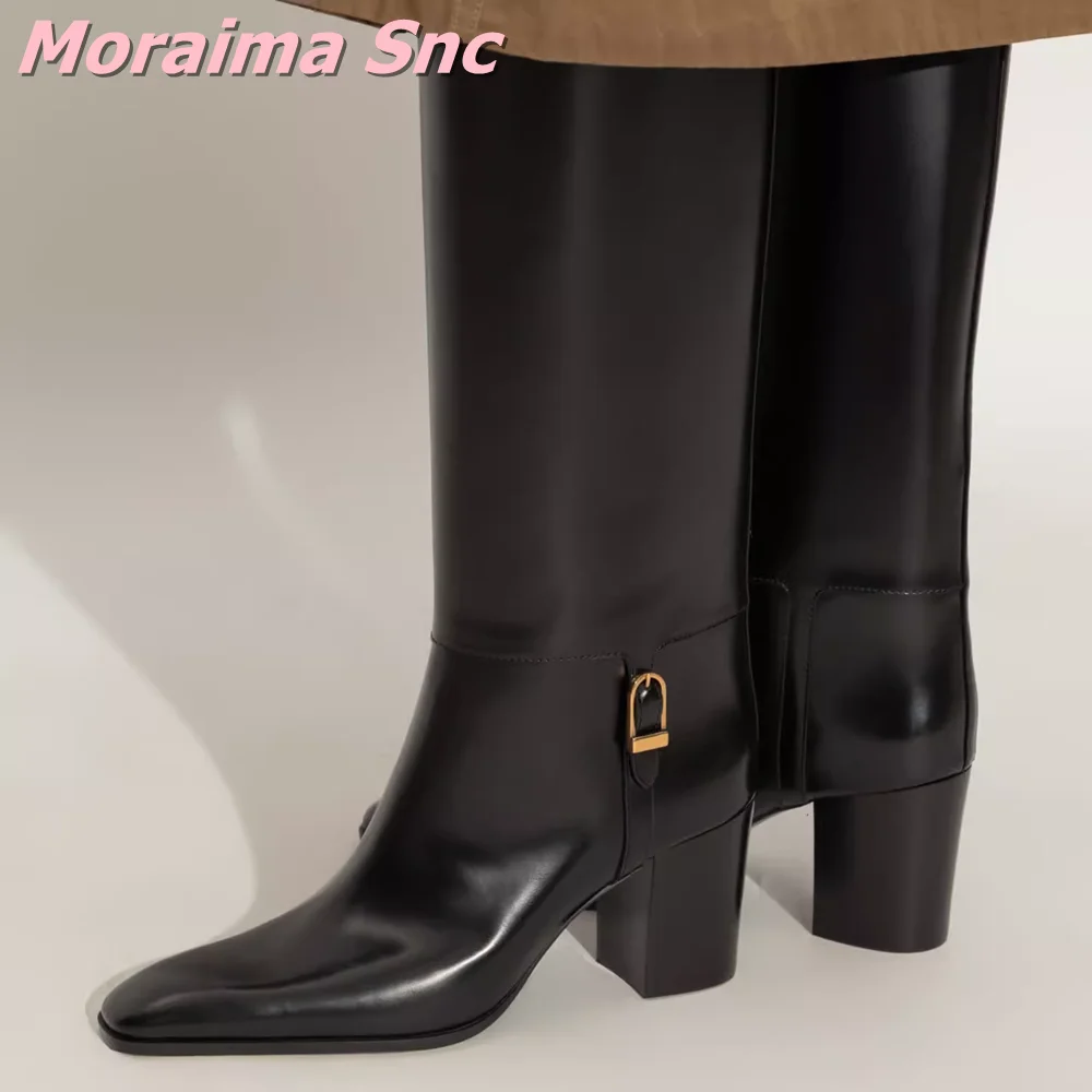 

Metal Buckle Decor Pointed Toe Knee High Boots Block Chunky Heel Slip On Sexy Fashion Women's Long Modern Boots Autumn Winter
