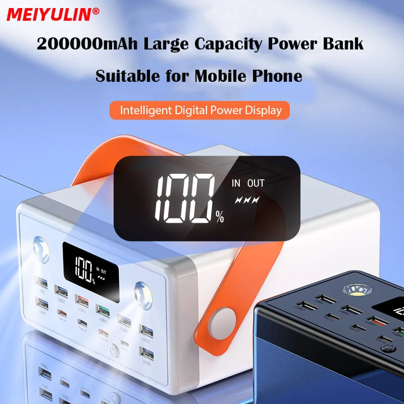 Bateria Externa Portátil, Power Bank Station, Portas USB Tipo C, PD 22.5W, Carregamento Rápido, Powerbank para iPhone, Xiaomi, 200000mAh