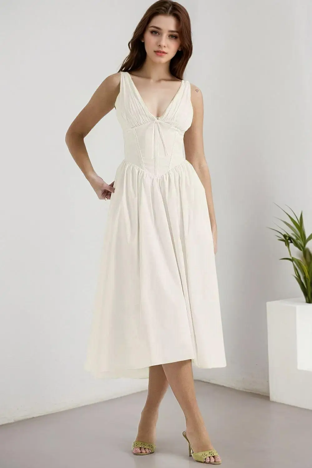 

YENKYE Sexy Elegant Women Sleeveless Deep V Neck White Dress Low Waist Female Cotton Summer Dresses Holiday Robe