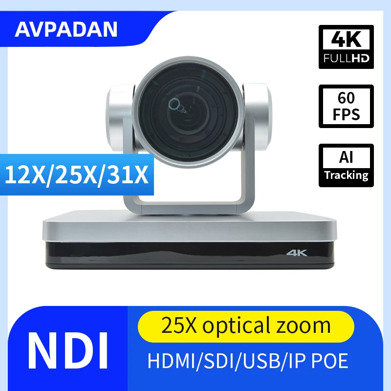 

NDI POE Conference PTZ Camera 4K AI Tracking 60fps 12/25/31X Optical Zoom SDI HDMI LAN USB POE Church Live Stream Meet Training