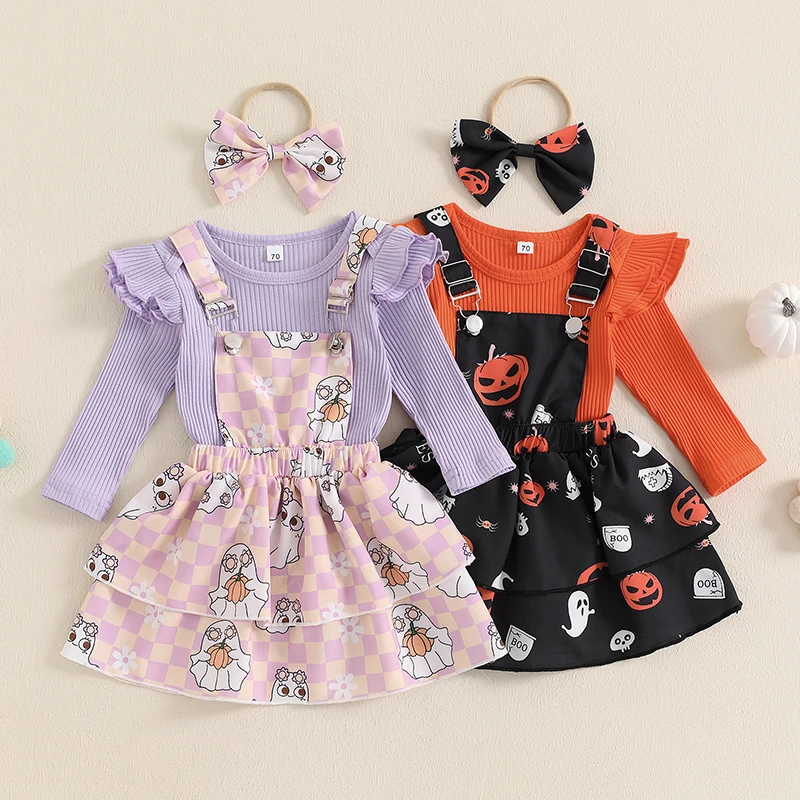 

Baby Girl Halloween Outfit Ribbed Long Sleeve Romper with Pumpkin/Ghost Pattern Suspender Skirt and Bow Headband 3Pcs Sets