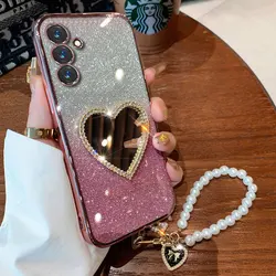 A 55 14 35 5G Cover Luxury Pearl Bracelet Case For Samsung galaxy A55 A14 A35 A15 A05S A25 Diamond Love Mirror Case with Lanyard