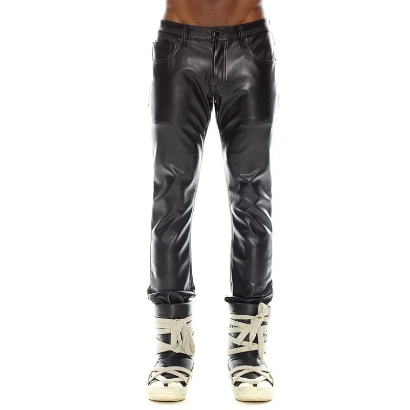 Men's Splicing Faux Leather Slim Straight Pants With Pockets Male Black Chic PU Bodycon Trousers Casual Entertainment New Custom