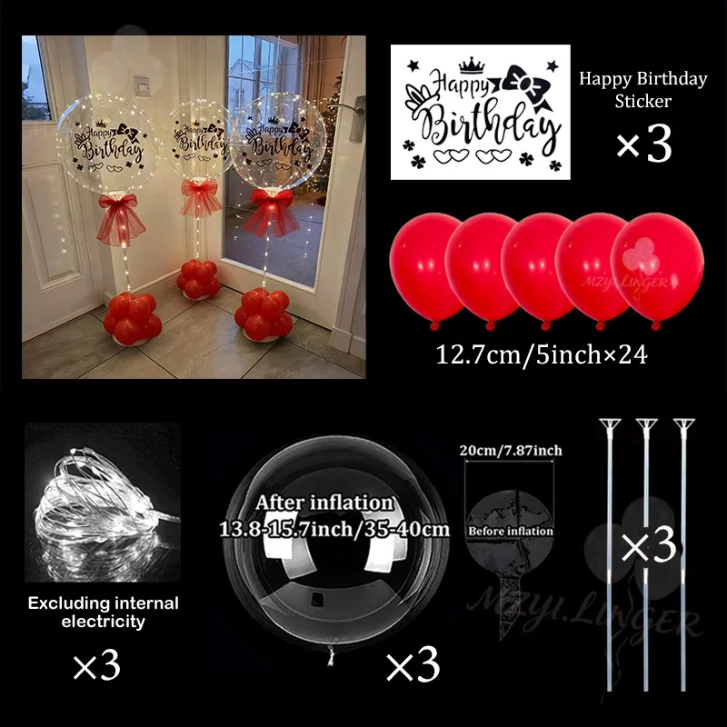 LED Transparente Bobo-Ballon-Lichterkette (ohne Batterie) mit Happy Birthday Aufkleber, Geburtstagsparty-Dekoration, Foto-Requisiten – Detail 2