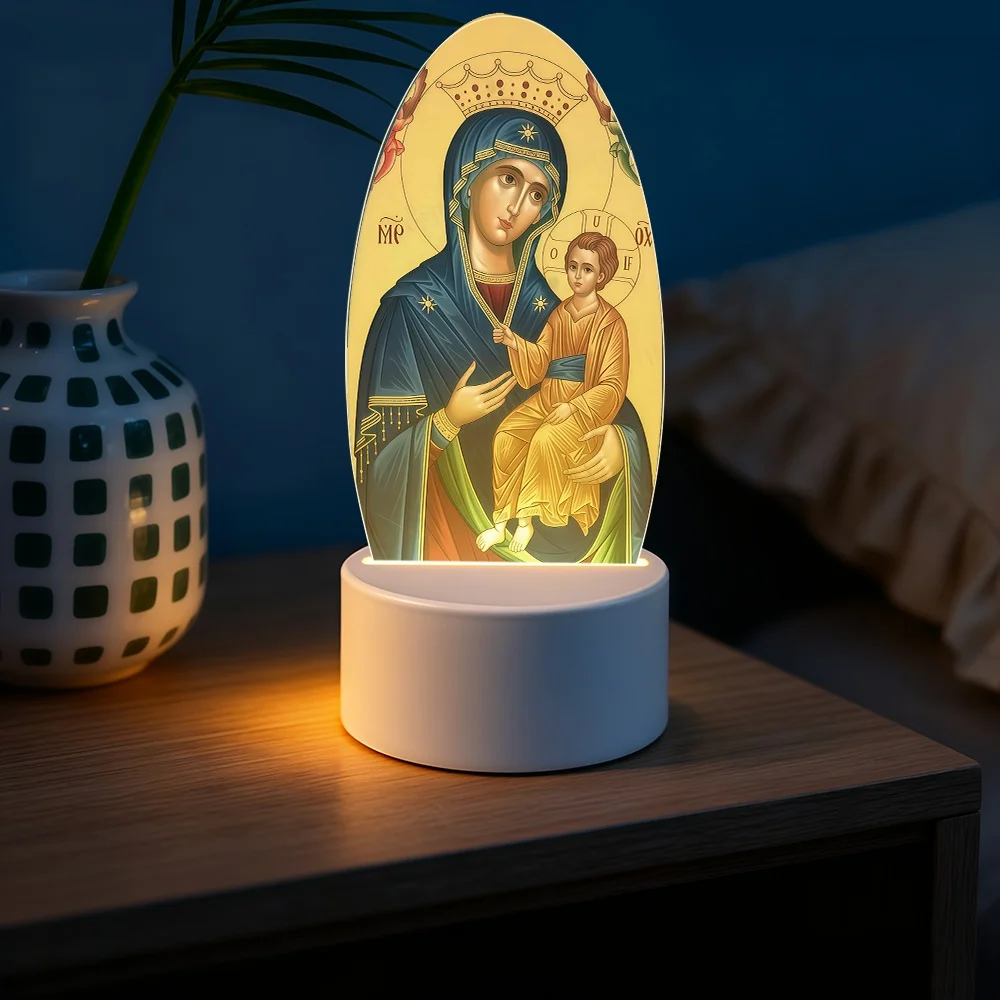 Bohemian Style Virgin Mary LED Night Light - Acrylic Decorative Plaque with USB Power, Inspirational Desktop Light for Bedroom