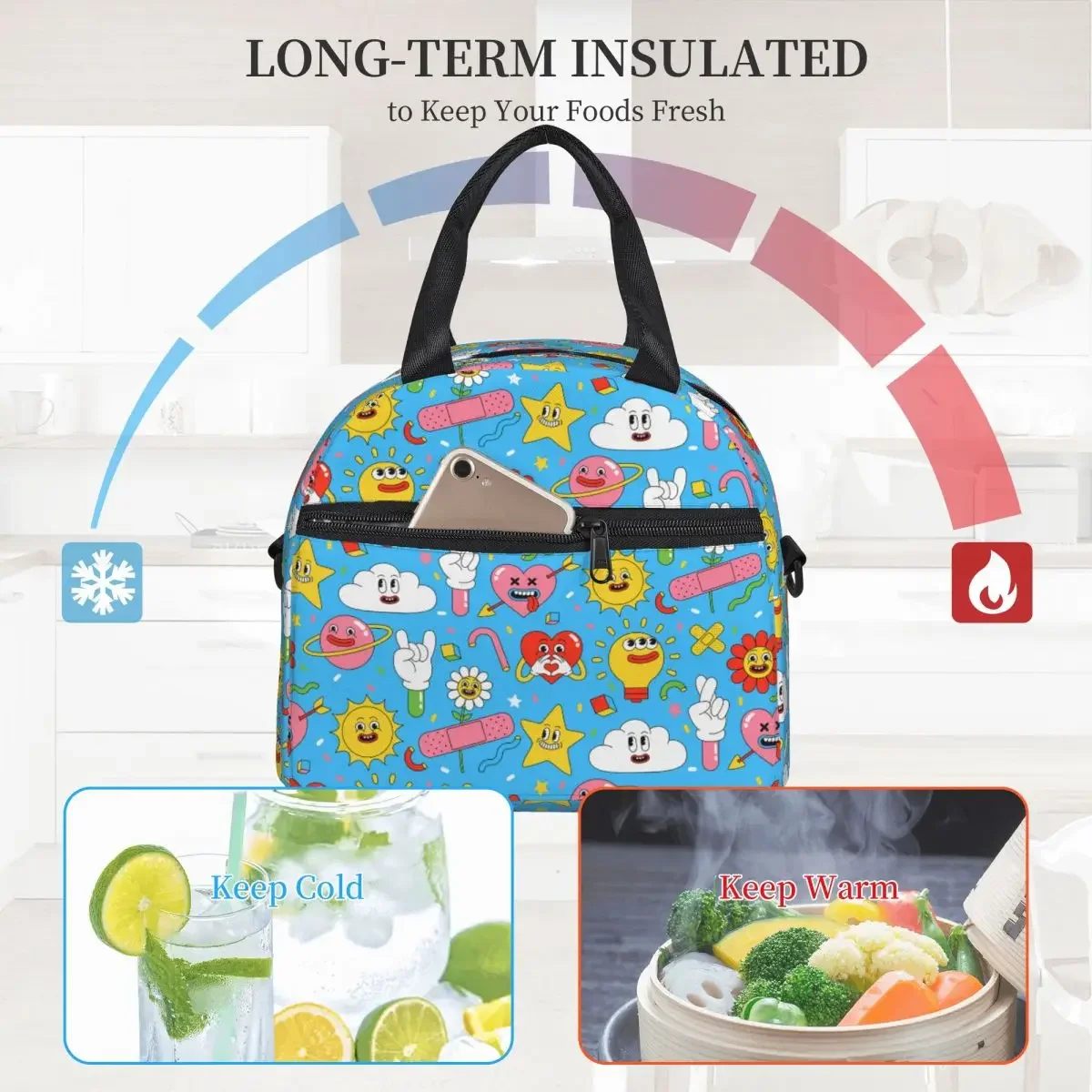 Cartoon Comic Heart Planet Accessoires Grote Geïsoleerde Lunchtassen Met Verstelbare Schouderriem Grappige Thermische Koeler Lunchbox