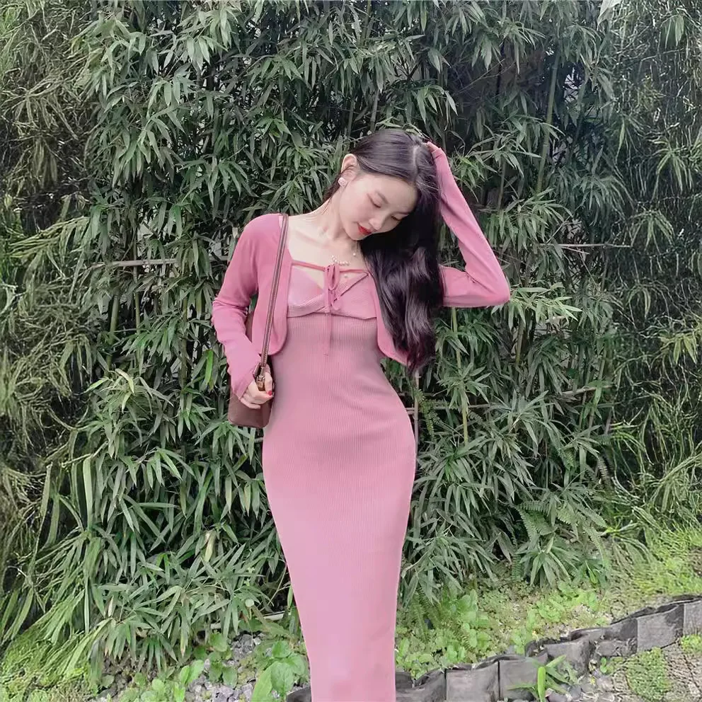 

3858 Spring New Elegant Slimming Color-Block Strap Dress + Cardigan Two-Piece Set For Women