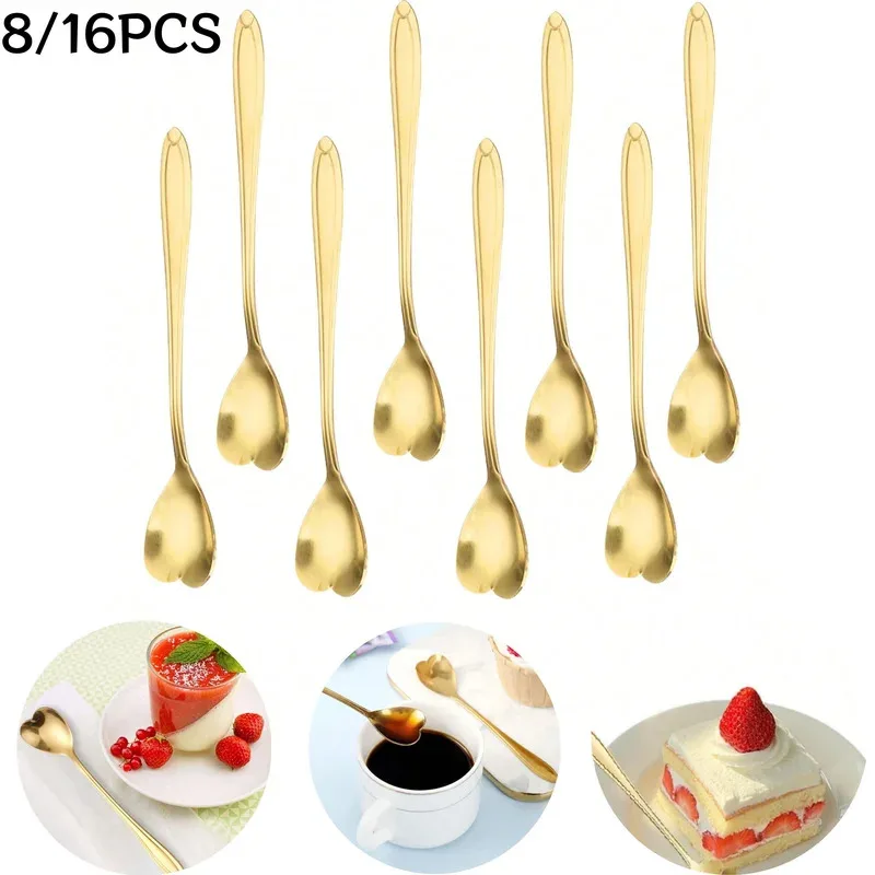 8/16-teiliges Edelstahl-Kaffeelöffel-Set in Herzform, Goldene Löffel für Desserts und Tee, Küchenzubehör, Tischdekoration, Geschenkset