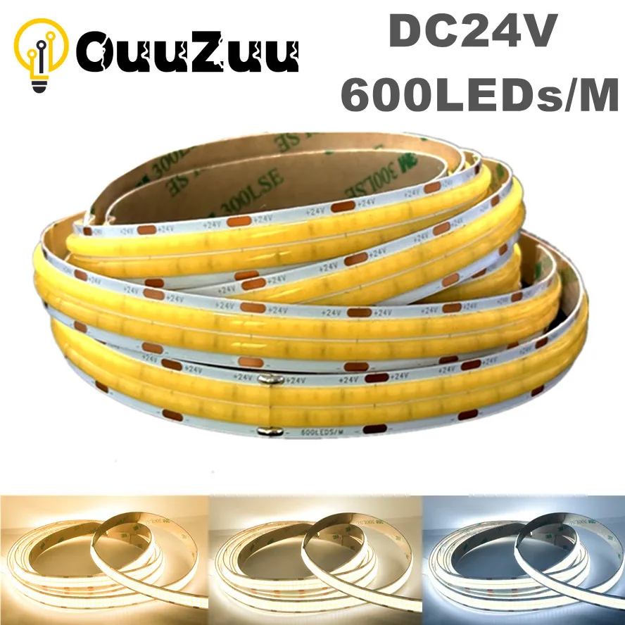 

Double Row Flexible COB LED Strip Super Bright High Density 600LEDs/m Dimmable LED Lights DC24V 2000LM/M 3000K 4000K 6500K Strip