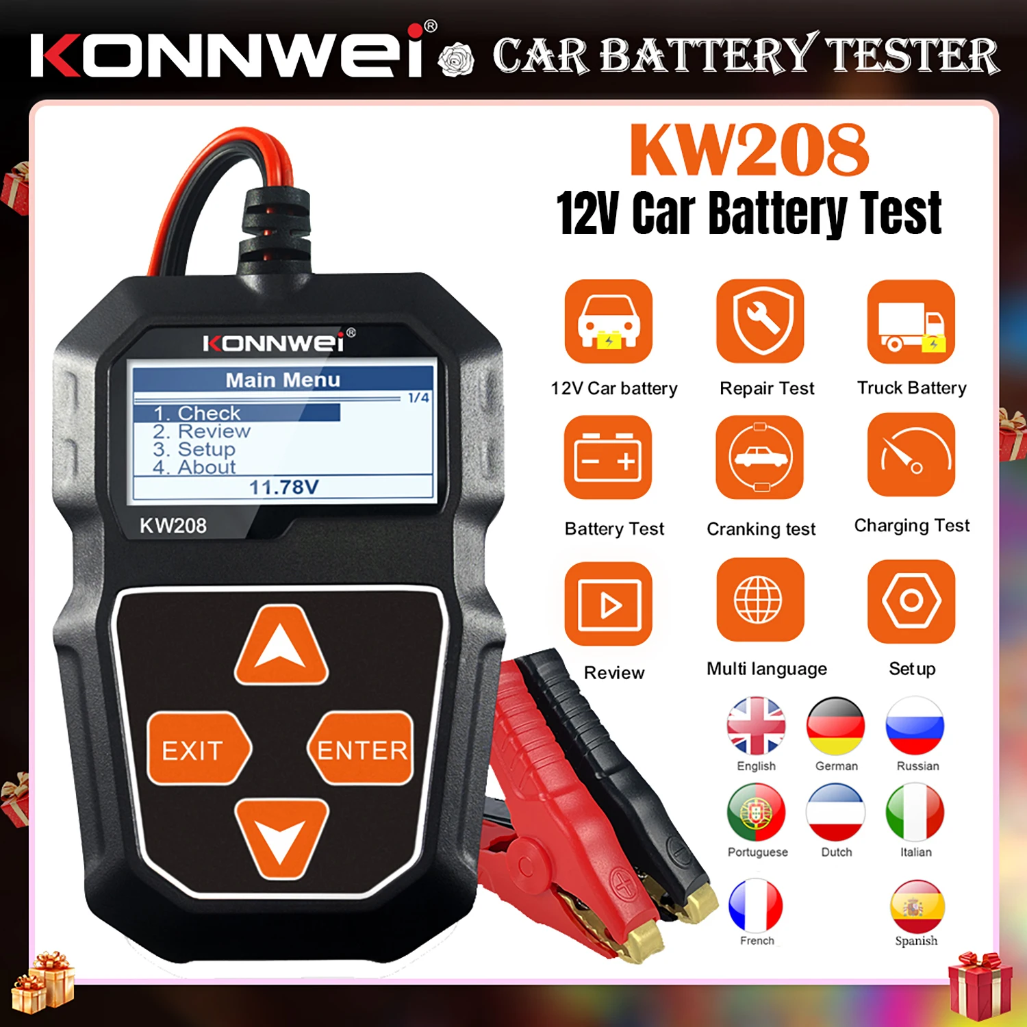 KONNWEI KW208 12V Car Battery Tester Charging Start Test Monitoring Query Battery Fault Information Car Battery Inspection Tool