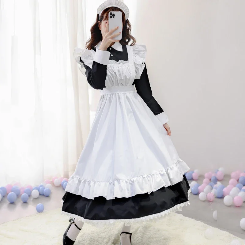Traje de sirvienta para mujer, disfraz largo de Cosplay, uniforme de sirvienta para hombres, vestido de Lolita blanco y negro de Anime, Unisex