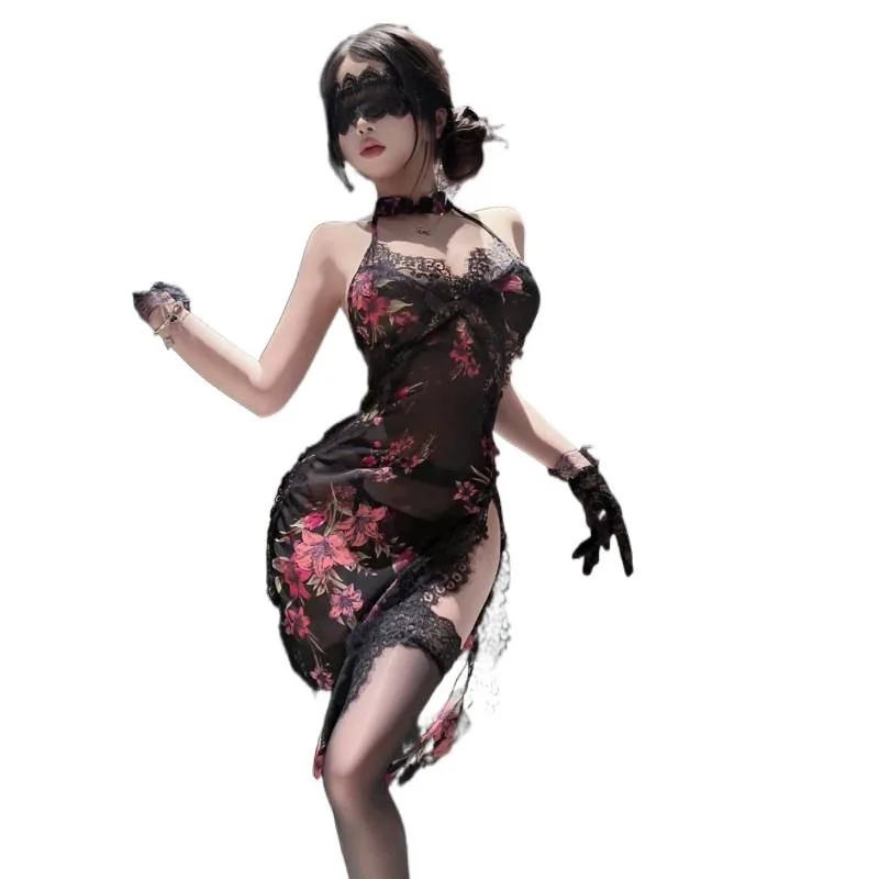 

Sexy Lace Cheongsam Pure Flirting Small-Breasted Uniform No-Undressing Dress Hanging Neck Off-the-shoulder Dress Charming 5Q2M