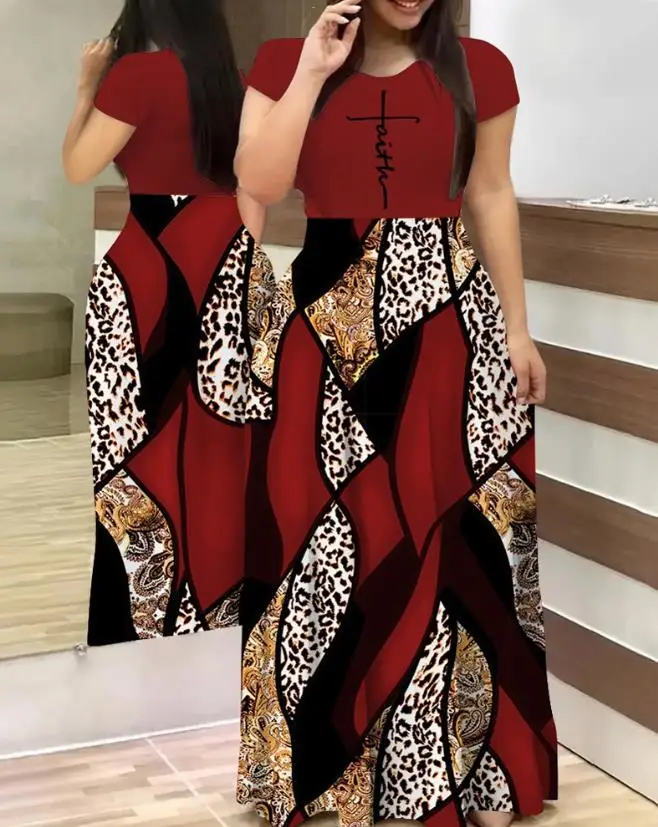 Women's Casual Dress 2024 Spring Summer Latest Plus Size Floral Print Short Sleeve Maxi Dress Round Neck Daily Long Skirt