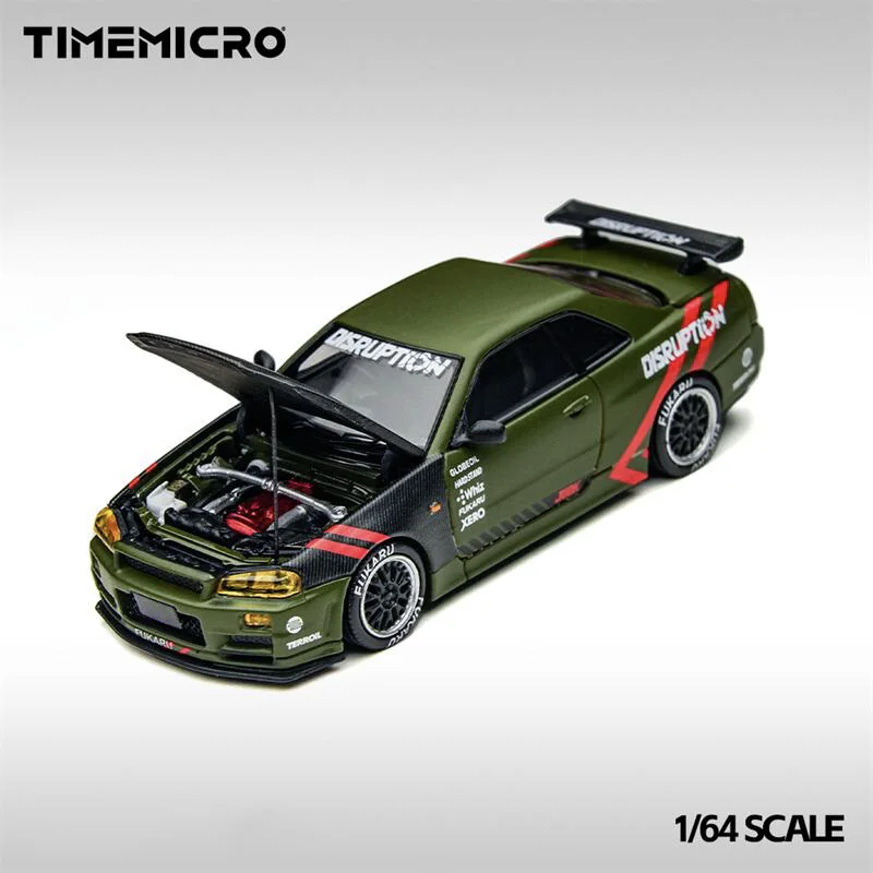 وقت الطلب المسبق مايكرو 1:64 R34 Skyline FNF فضي أزرق/أخضر غير لامع نماذج سيارات مصبوبة #6