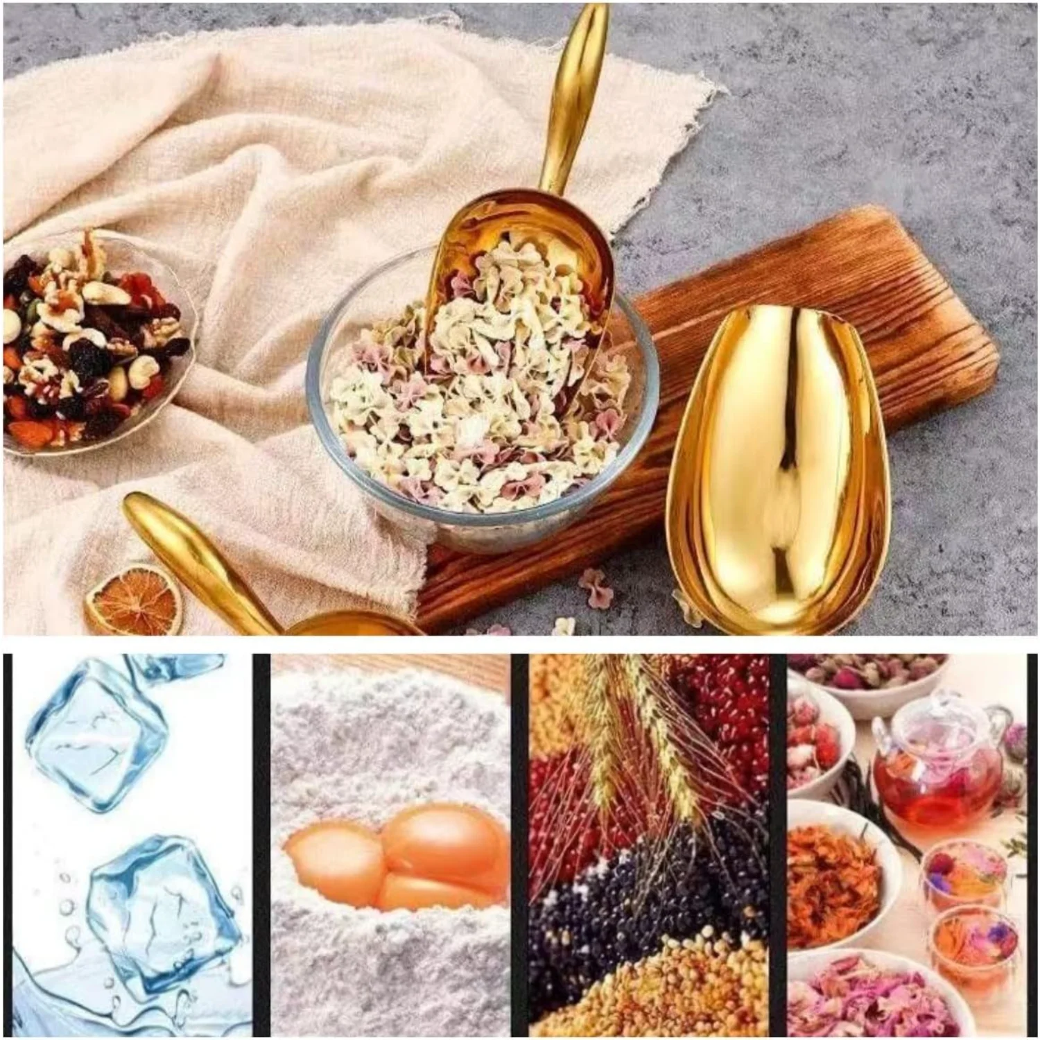 مغرفة ثلج معدنية للآلة - فريزر ستانلس ستيل، مجرفة ثلج لحفلات المطبخ وحفلات الزفاف، ذهبي، 8 أونصة