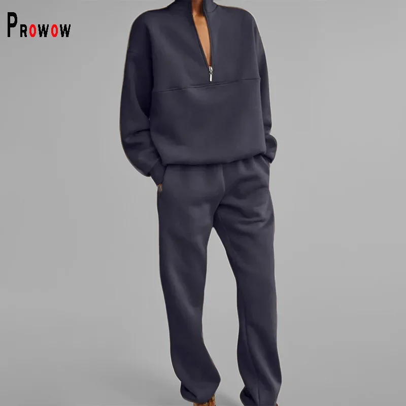 Prowow Fashion Women Tracksuits Solid Color 2 Piece Female Sporty Suits Zipper Sweatshirts Elastic Waist Pant Fall Clothing Set