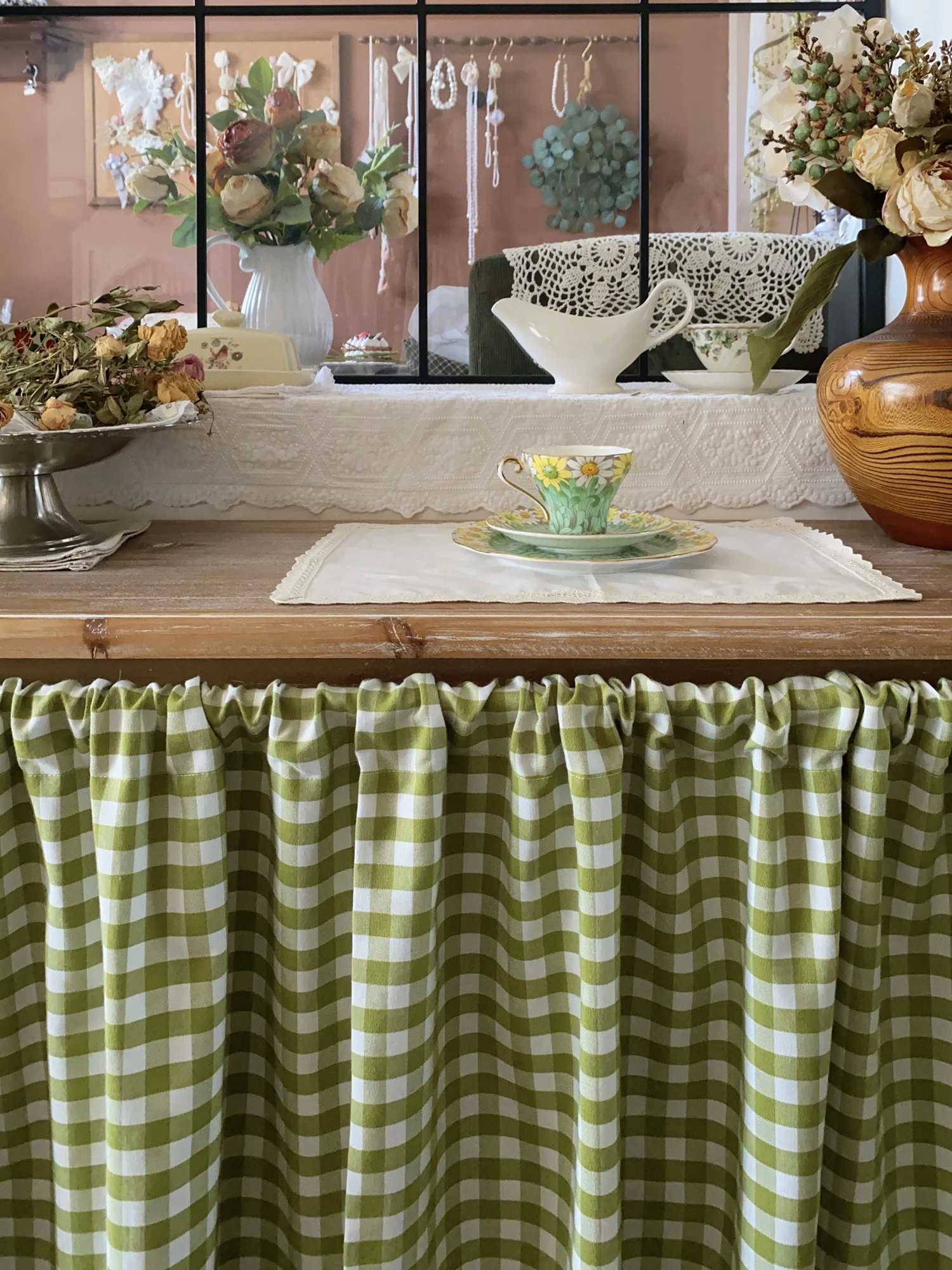 

Home Soft Furnishings Curtains for Living Room British Countryside Grid Fabric Finished Cabinet Door Semi Short Long Curtain