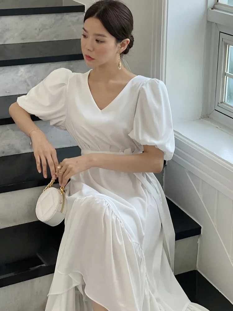 Gonna Ele V-ne in chiffon con orlo arricciato e cintura foderata interna asimmetrica lunga Dr per donna nella stagione estiva