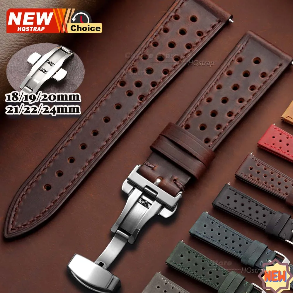Neues Uhrenarmband 18/19/20/21/22/24mm mit Schmetterlingsverschluss, Atmungsaktives Smartwatch-Lederarmband mit Schnellverschluss