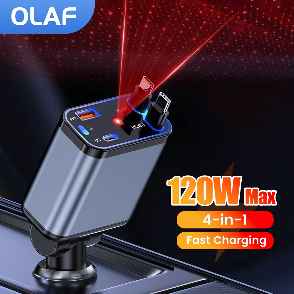 

Выдвижное автомобильное зарядное устройство 120 Вт, быстрая зарядка, USB-адаптер автомобильного зарядного устройства для телефона с кабелем USBC для Iphone Xiaomi Huawei Samsung