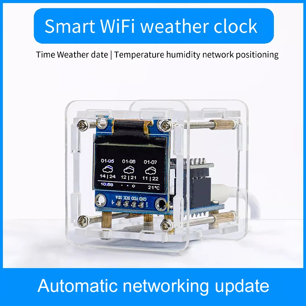 5V ESP8266 Mini Electronic Clock DIY Kit 0.96 inch OLED Display Supports 2.4G WiFi Networking with Case Fun DIY Soldered Loose