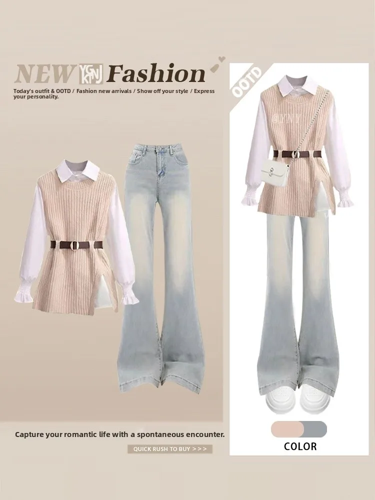 

Ele Autumn 2025 Light Maturi Sle Set High Waist Flared Jeans irt Sweater Vest Casual Faion Ensemble for Women