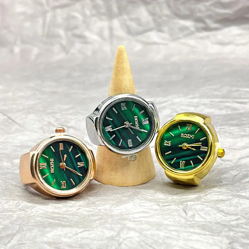 KADRUFI Vintage Green Watch Dial Quartz Finger Rings for Women Men Couple Fashion Clock Elastic Strap Alloy Watch Ring Jewelry