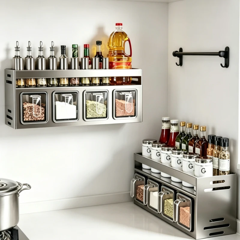 

1 Multifunctional Kitchen Seasoning Storage Shelf No Drilling Wall Mounted Countertop Cabinet Organizer