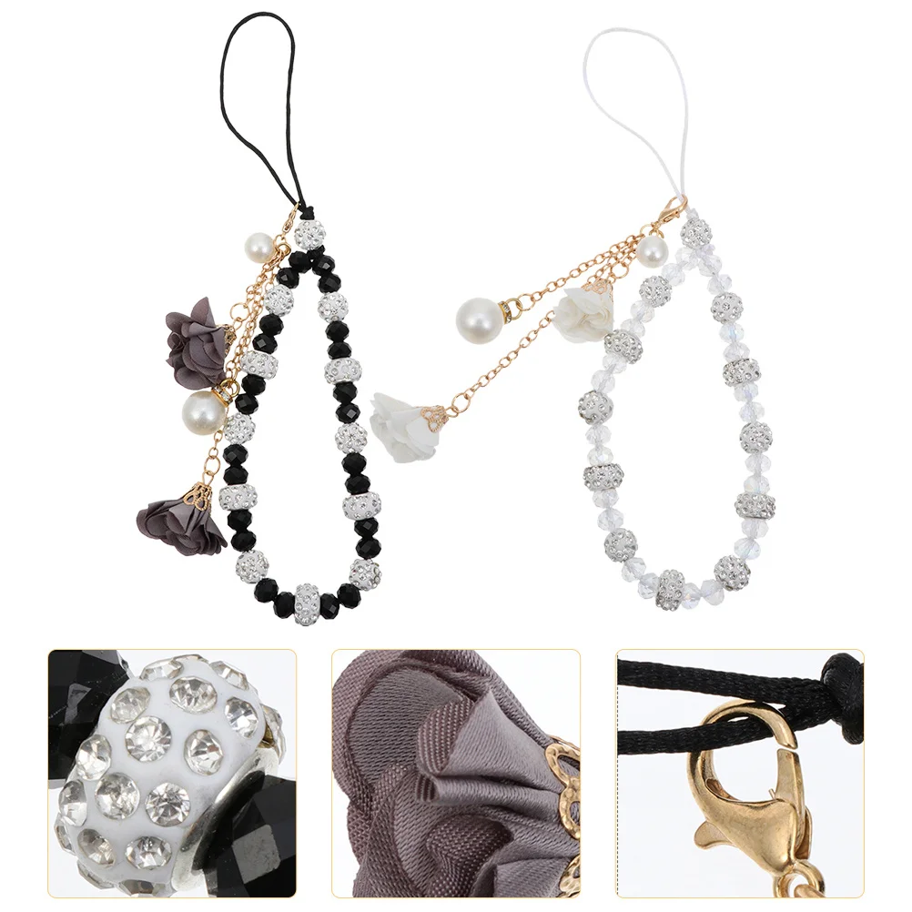 

2Pcs Phone Lanyards Crystal Beaded Flower Design Non-Slip Wrist Straps for Cellphone Camera Keychain Mobile Phone Decoration