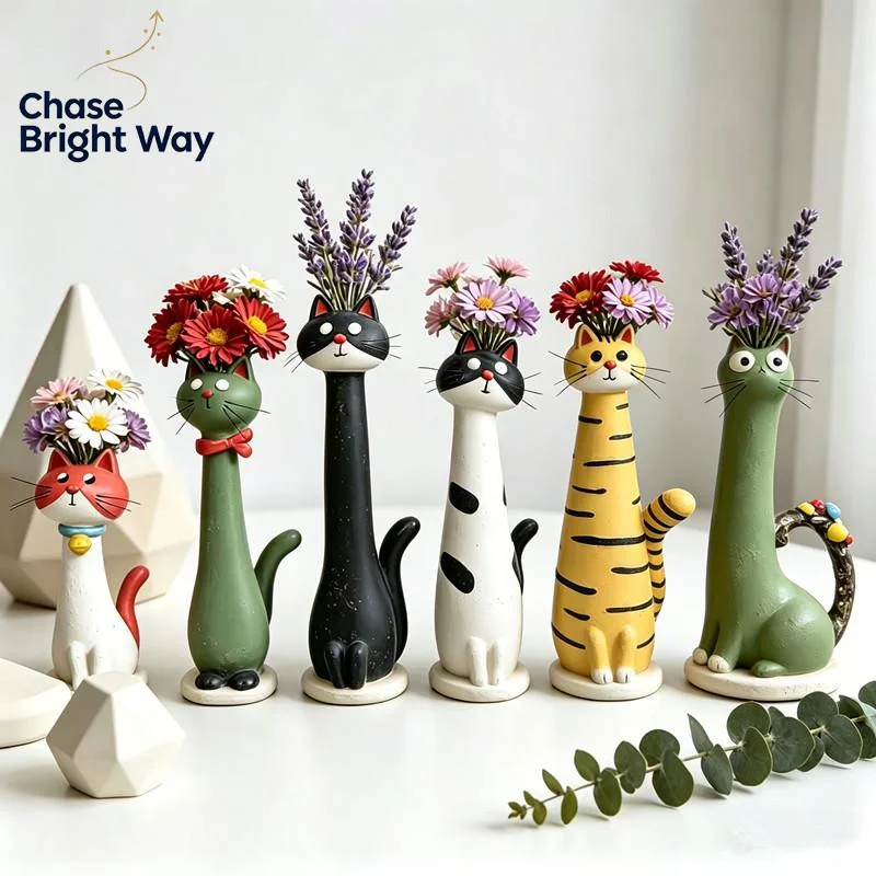 Cat Shaped Resin Vase Cute Long Necked Cat Flower Arrangement Accessory Tabletop Centerpiece for Home Decor