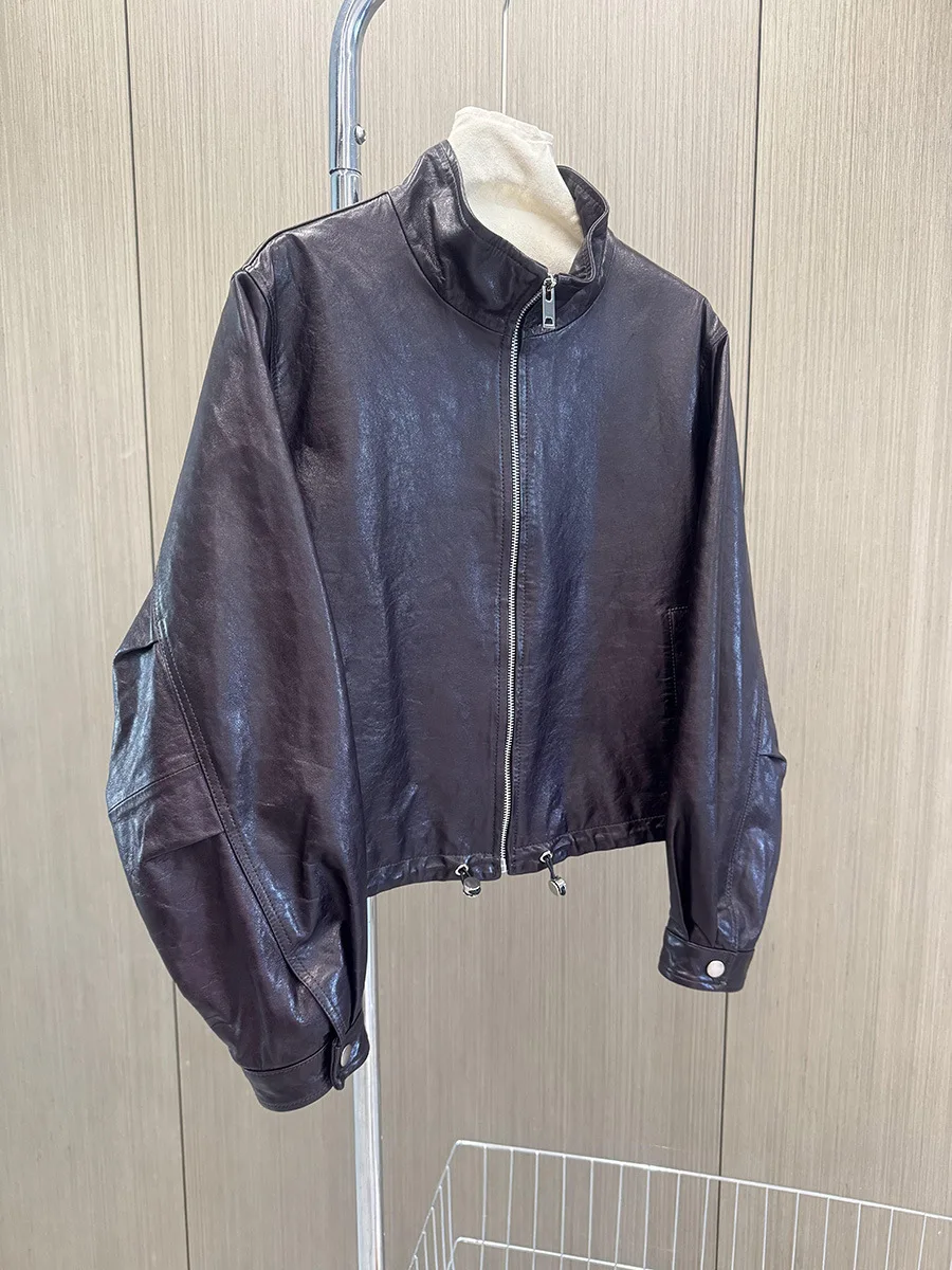 الخريف/الشتاء الأزياء الوقوف طوق خمر شيرلينغ سترة عارضة سترة جلدية معطف قصير للنساء