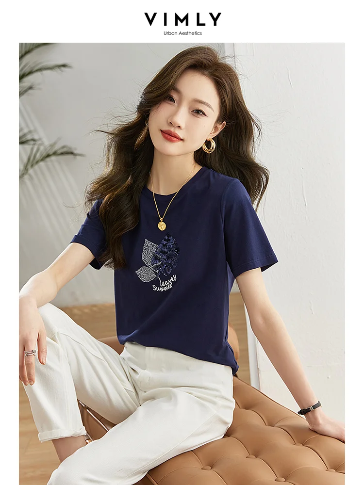 

Vimly Art Embroidered Summer Tops for Women Short Sleeve T-shirt Straight O Neck Cotton Basic T Shirts Casual Tees V8888