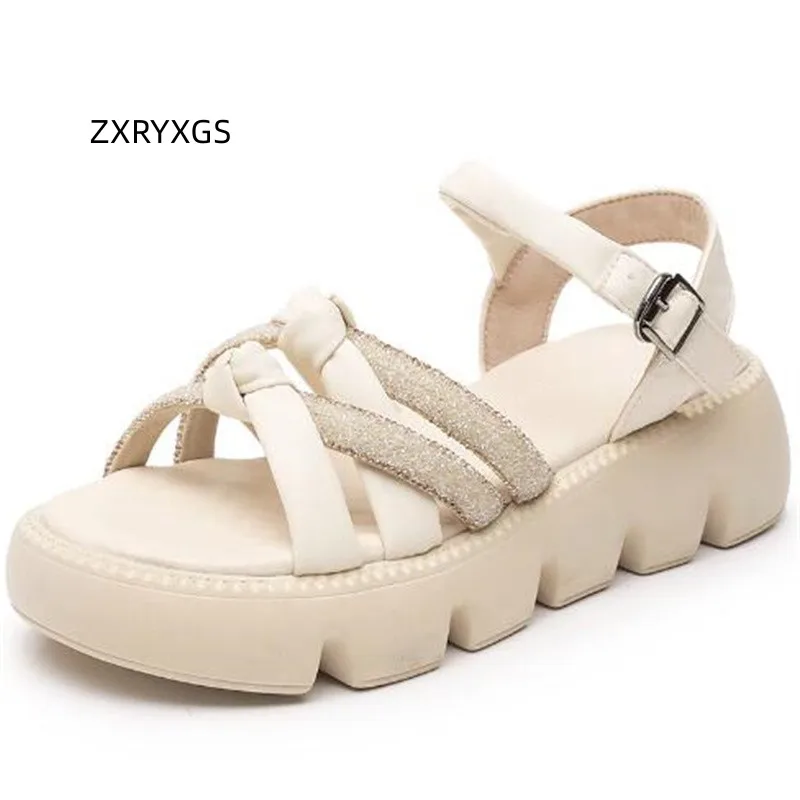 

ZXRYXGS Summer Roman Sandals 2023 Open Toe Genuine Leather Rhinestones Women Fashion Sandals Platform Increase Shoes Sandals New