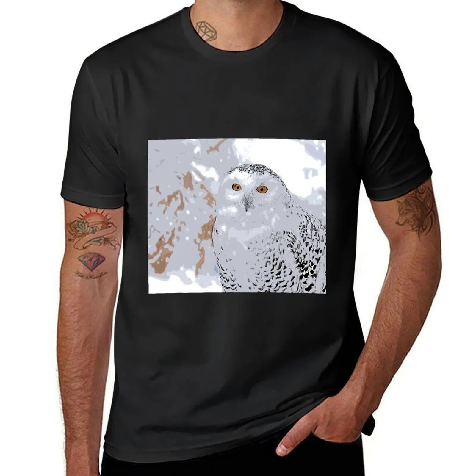 Owl in the snow Winter Landscape Сolor print T-Shirt oversizeds aesthetic clothes Blouse T-shirts for men cotton