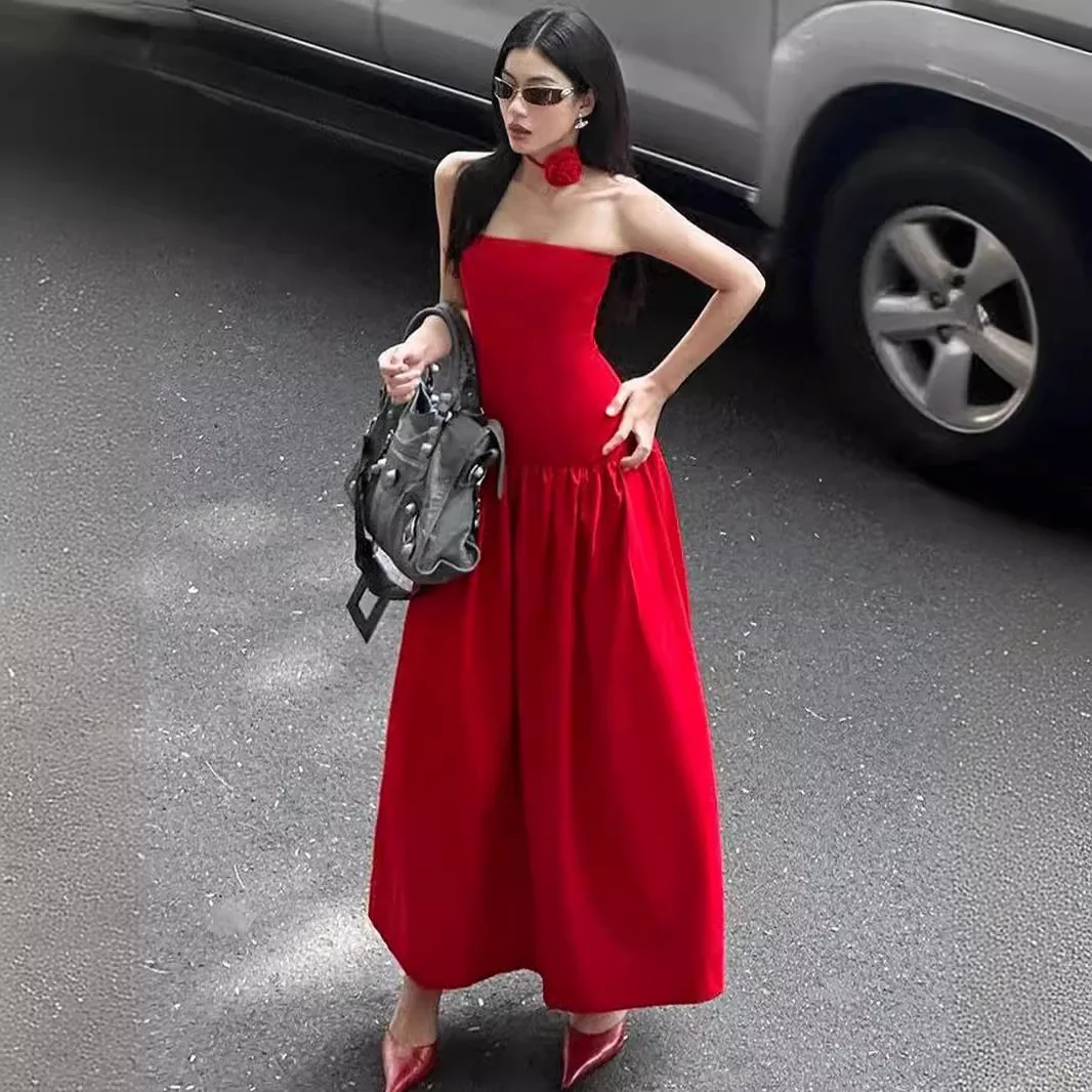 Maxivestido rojo plisado para mujer, traje elegante de flores 3D, Halter, sin mangas, un cuello, eslinga larga, fiesta de noche, Homecoming