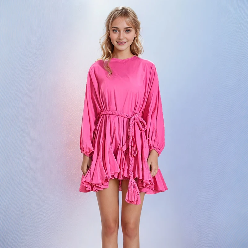 

Print Floral Dress Female Spring Clothing Round Neck Long Sleeve High Waist Colorblock Mini Dresses Female Clothes New