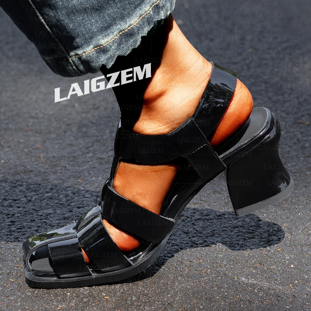

LAIGZEM Women Sandals Real Leather Square Toe Prom Party 7CM Thick Heels Pumps Handmade Ladies Shoes Woman Big Size 34 36 40