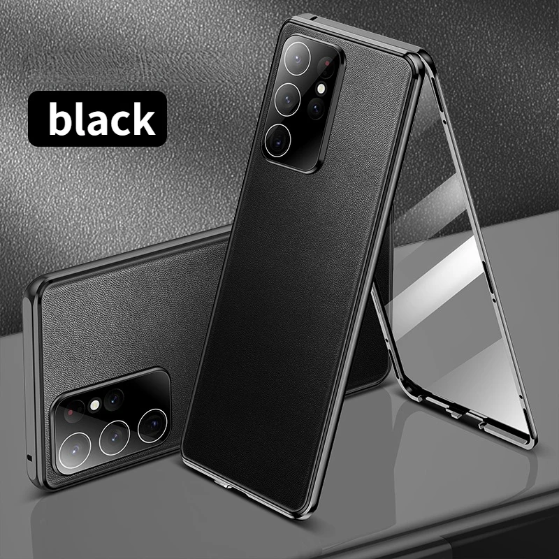 Double sided Magnetic Case For Samsung Galaxy S22 S23 Ultra Front Tempered Glass+Back Leather Lens S22 Plus Protective Cover