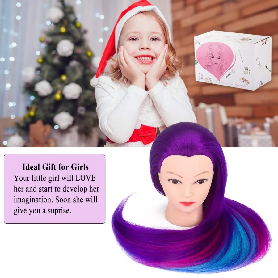 28 cabeça de manequim com cabelo para treinamento de estilo de salão e prática de cosmetologia cabelo de fibra sintética com braçadeira de mesa e trança