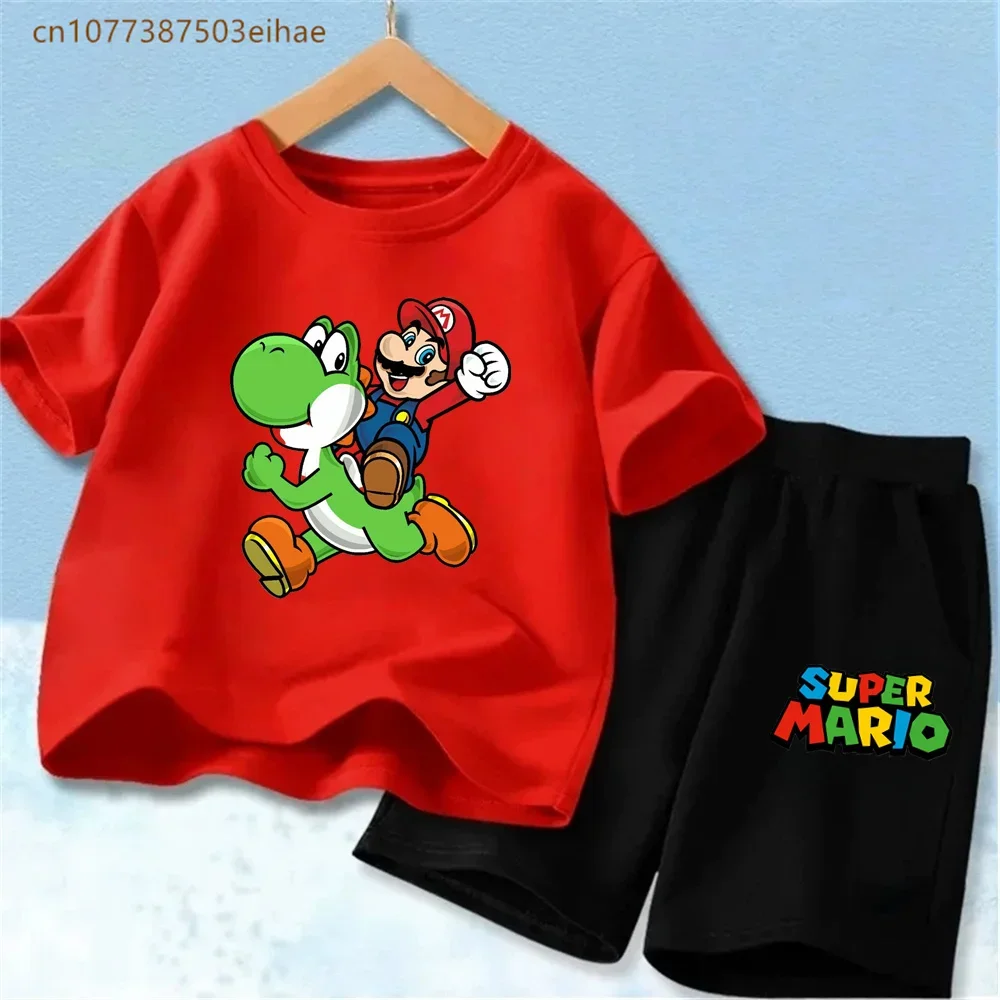 Super Mario Printed Kids Tracksuit Set Cotton Short Sleeve T Shirt & Loose Shorts 2PCS Casual Outfit For Boys And Girls Age 3-12