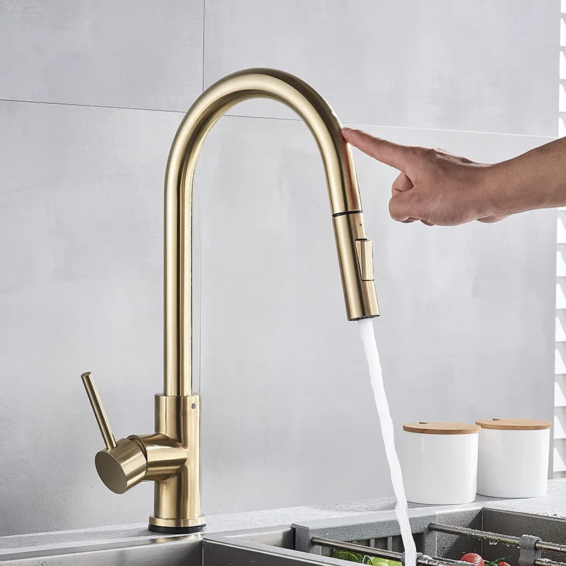 

Golden Smart Kitchen Sink Faucet Pull-out Nozzle Stainless Steel Touch Foreign Trade Kitchen Touch Faucet